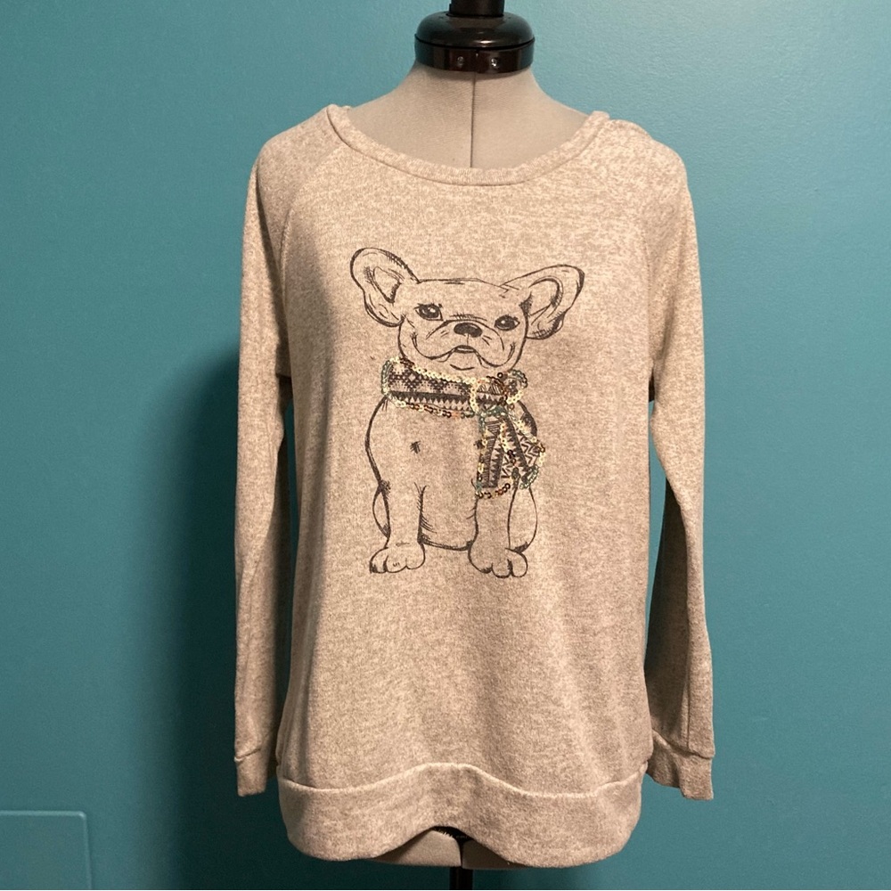 Faded Glory Heather Gray Crewneck Sweater French Bulldog Sequins